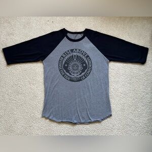 obey Lg 3/4 sleeve raglan baseball tee asymmetric bottom hem